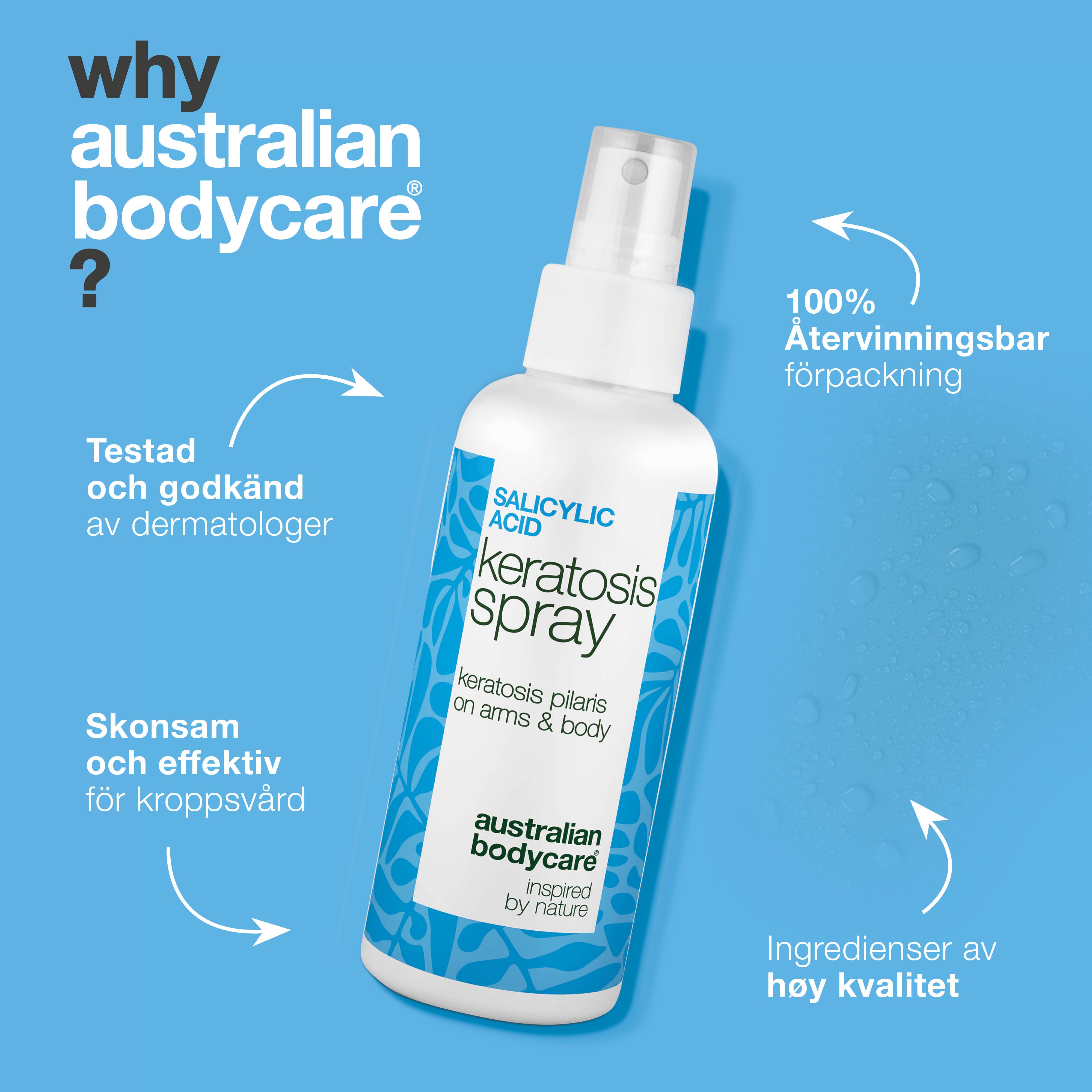 Spray mot keratosis pilaris och knottrig hud på armar och ben — Keratosis pilaris spray jämnar ut knottrig hud. Innehåller salicylsyra som exfolierar och minskar tilltäppta porer.