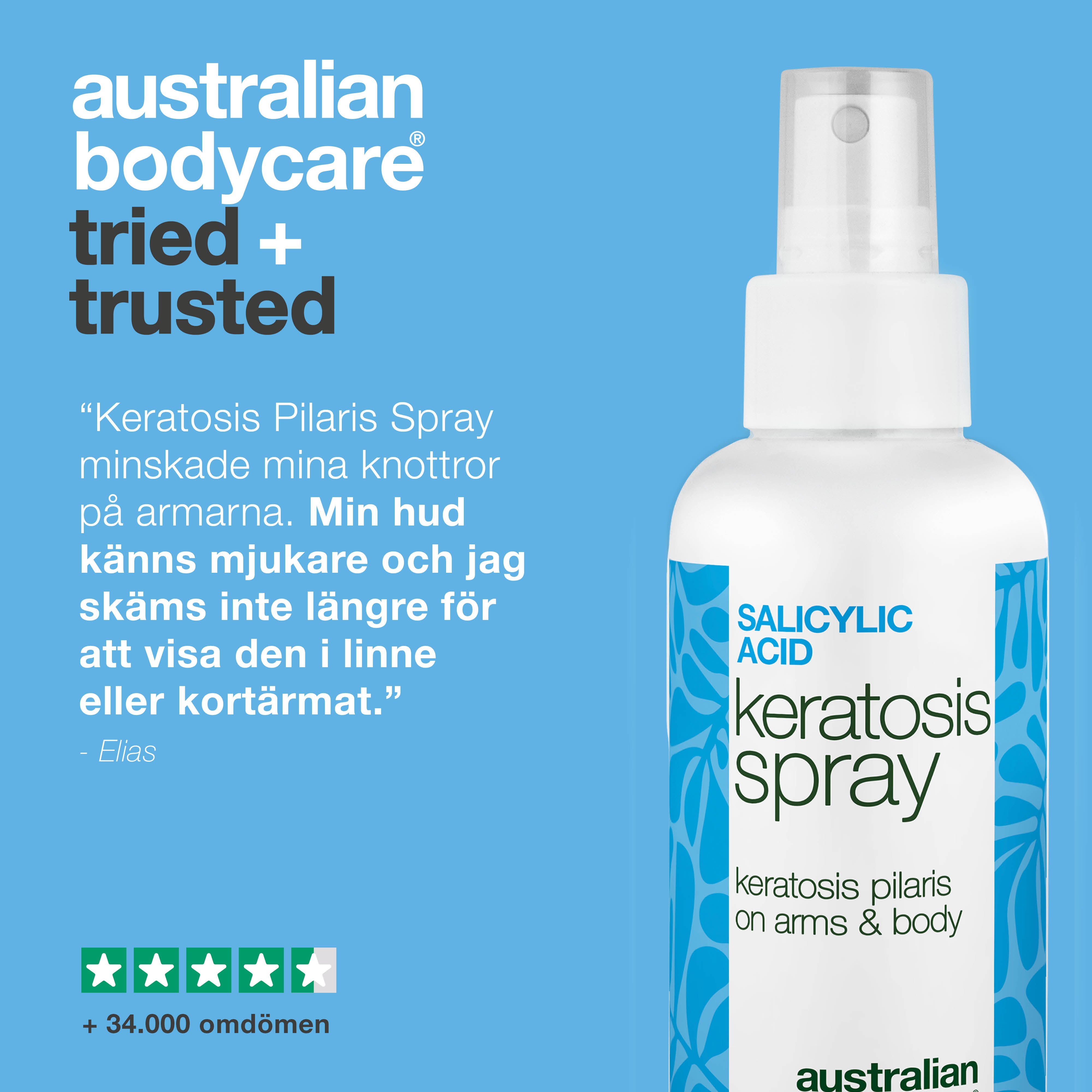 Spray mot keratosis pilaris och knottrig hud på armar och ben — Keratosis pilaris spray jämnar ut knottrig hud. Innehåller salicylsyra som exfolierar och minskar tilltäppta porer.