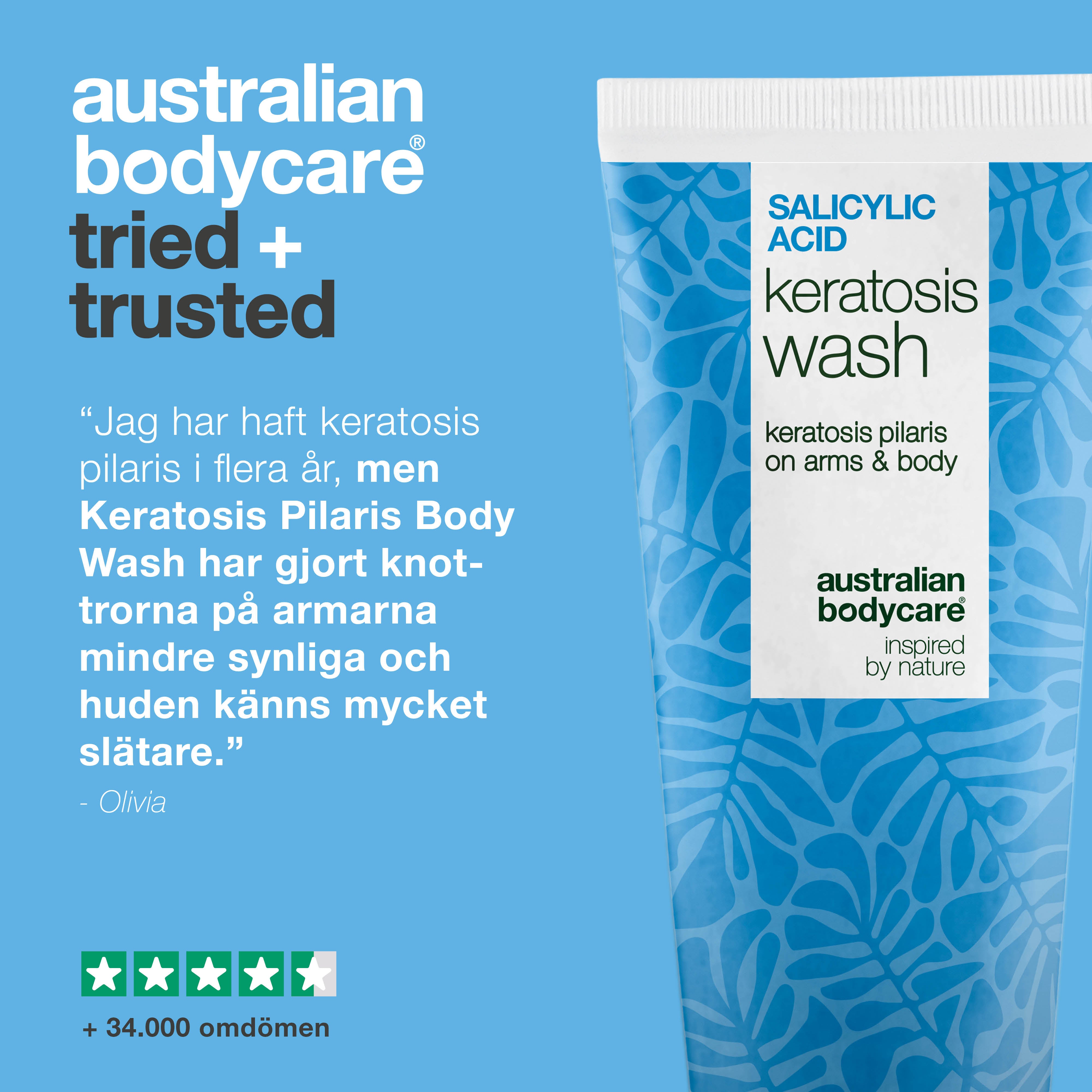 Keratosis Pilaris Body Wash mot keratosis pilaris, röda knottror och porer. Innehåller salicylsyra, niacinamid, zink PCA och vitamin E för slätare hud.