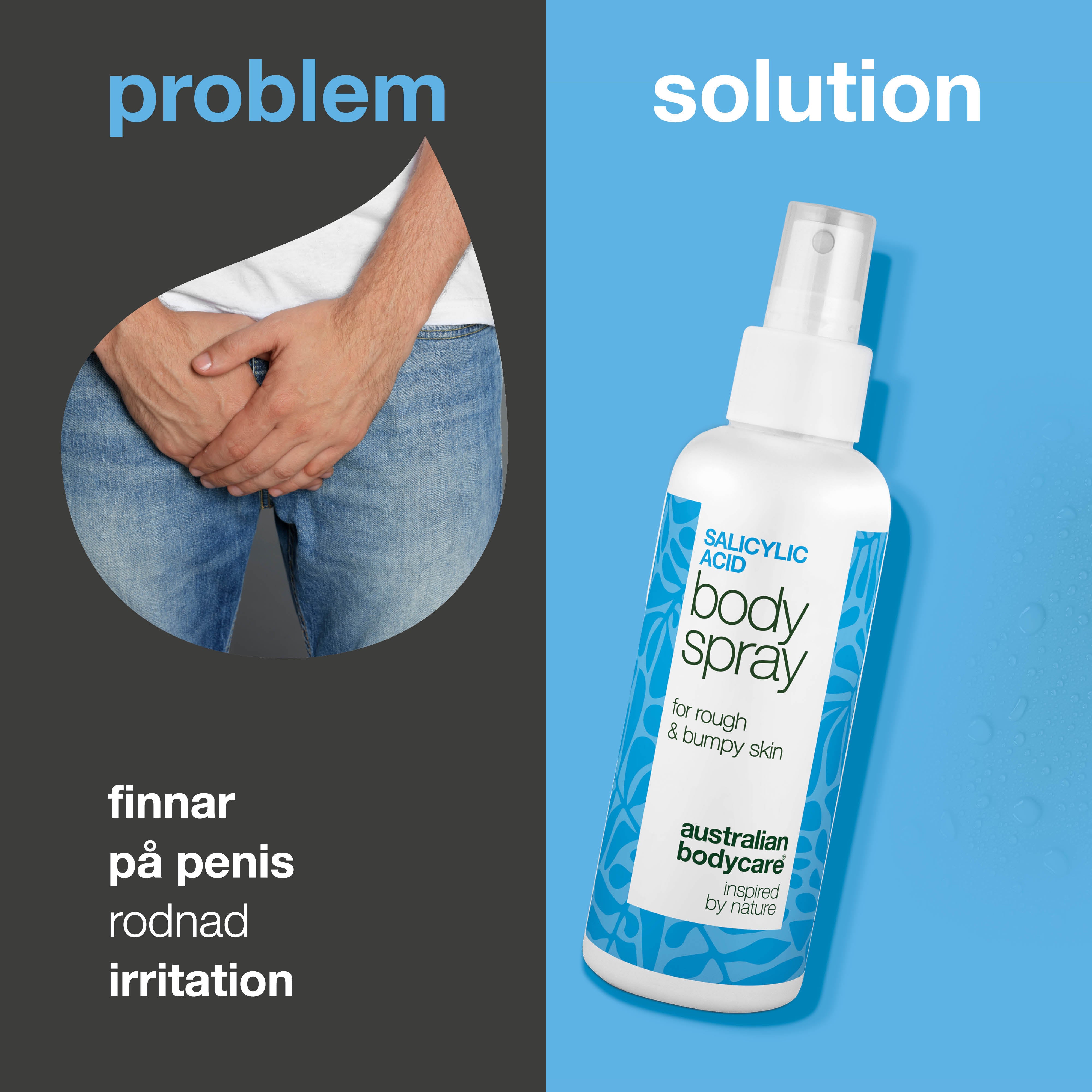Spray för finnar på penis rengör porer och förebygger nya utslag. Formulerad med salicylsyra, glykolsyra, glycerin, panthenol och zink.