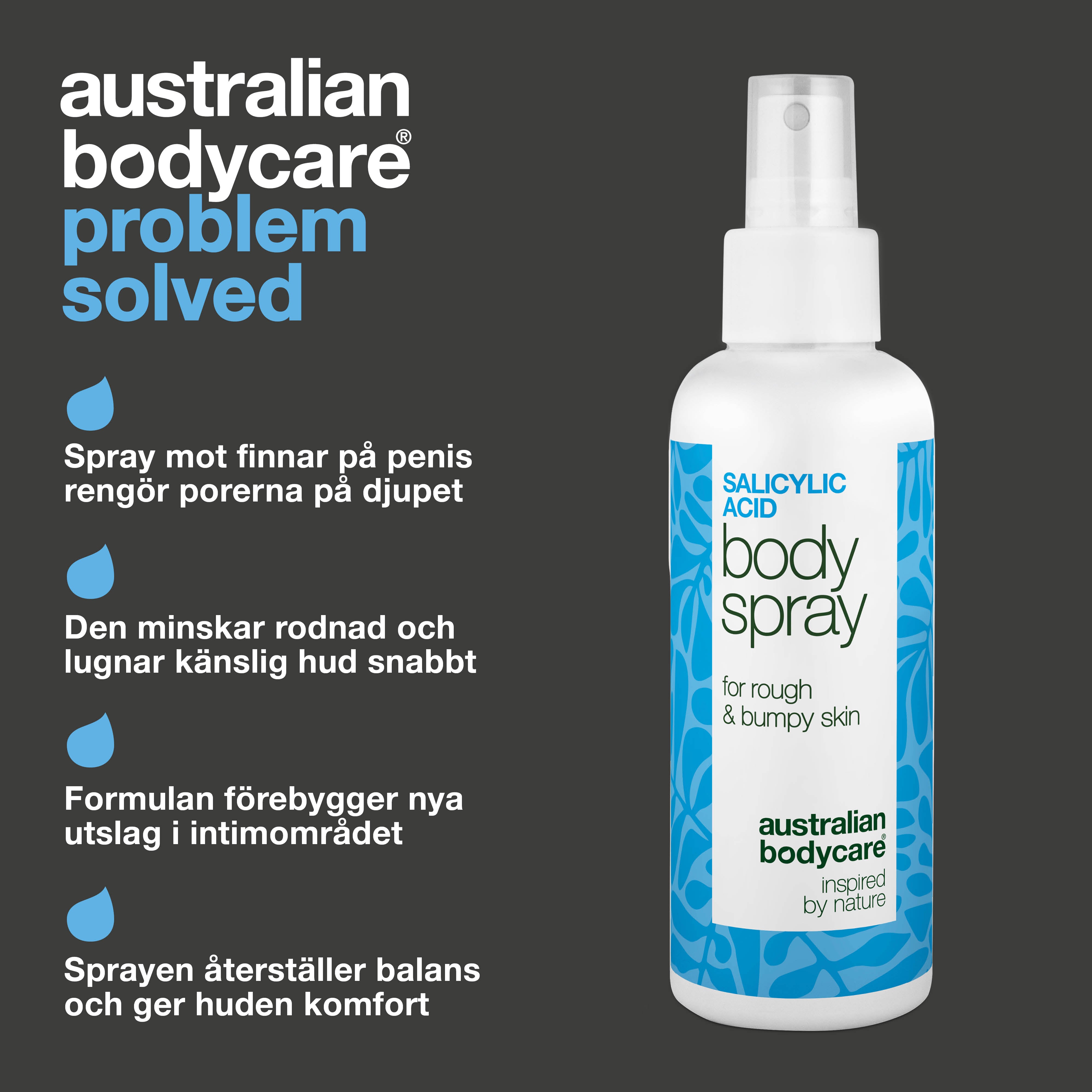 Spray för finnar på penis rengör porer och förebygger nya utslag. Formulerad med salicylsyra, glykolsyra, glycerin, panthenol och zink.