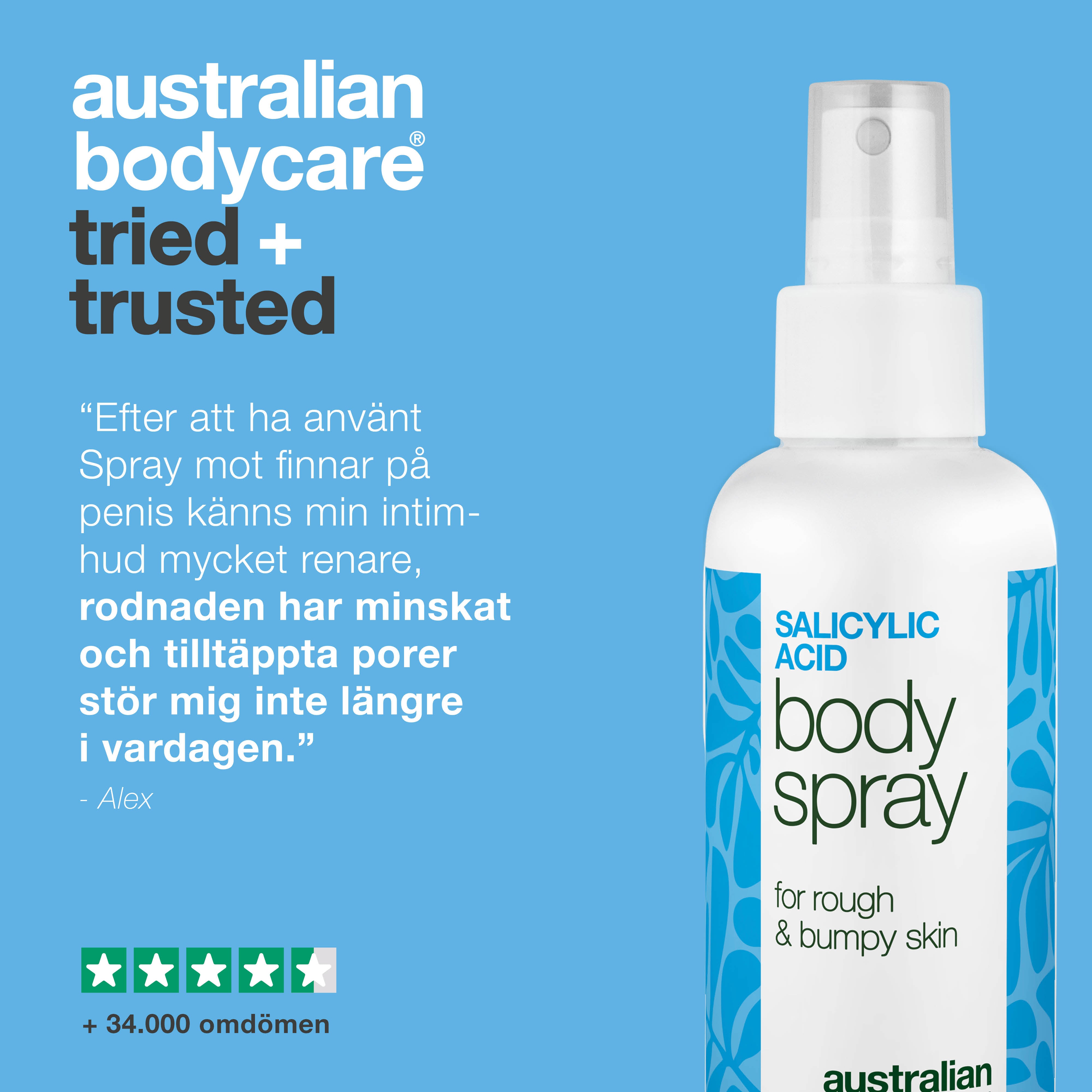 Spray för finnar på penis rengör porer och förebygger nya utslag. Formulerad med salicylsyra, glykolsyra, glycerin, panthenol och zink.