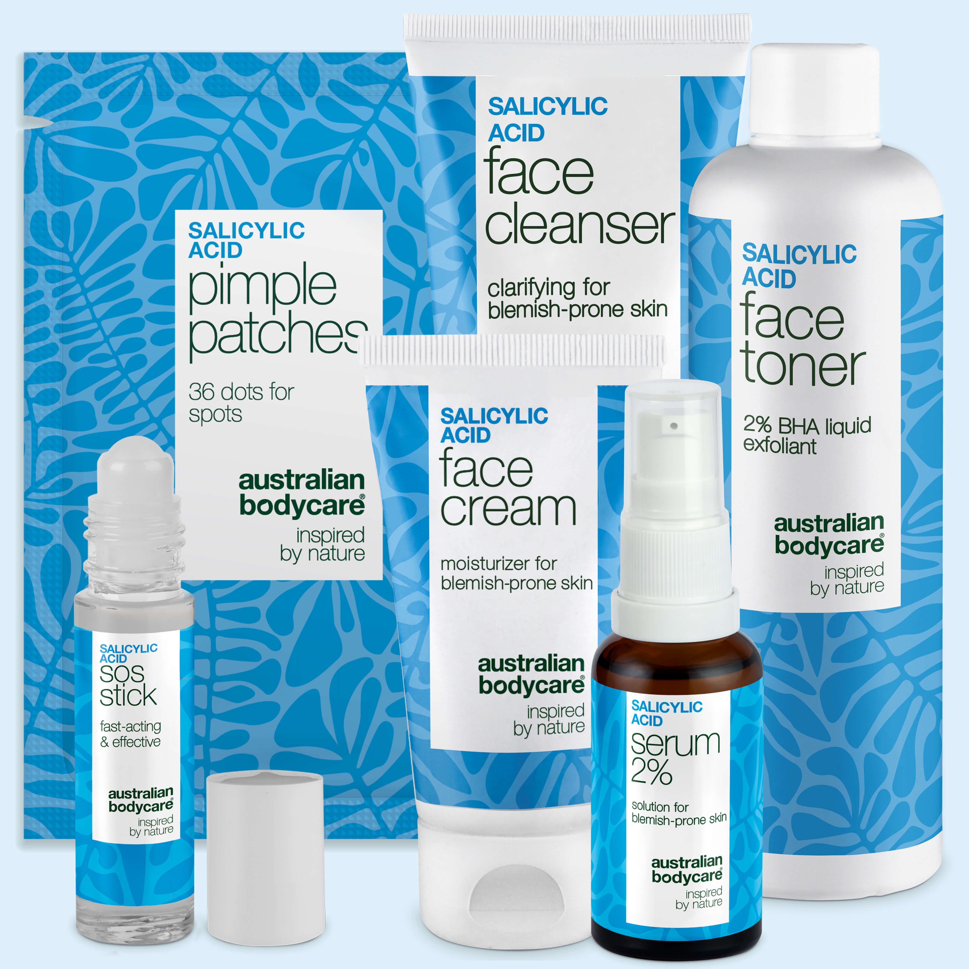 Salicylsyre ansigtspakke mod finnar – Face Cleanser, Face Cream och SOS Stick från Australian Bodycare