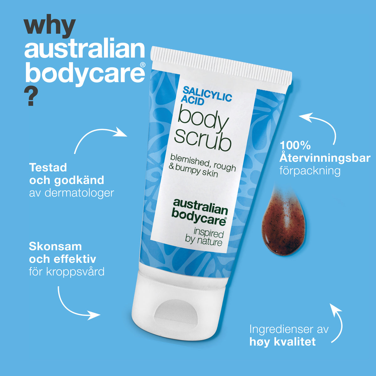 Därför Australian Bodycare: Salicylic Acid Body Scrub är testad och godkänd av dermatologer, skonsam och effektiv för kroppsvård, med ingredienser av hög kvalitet och 100 % återvinningsbar förpackning