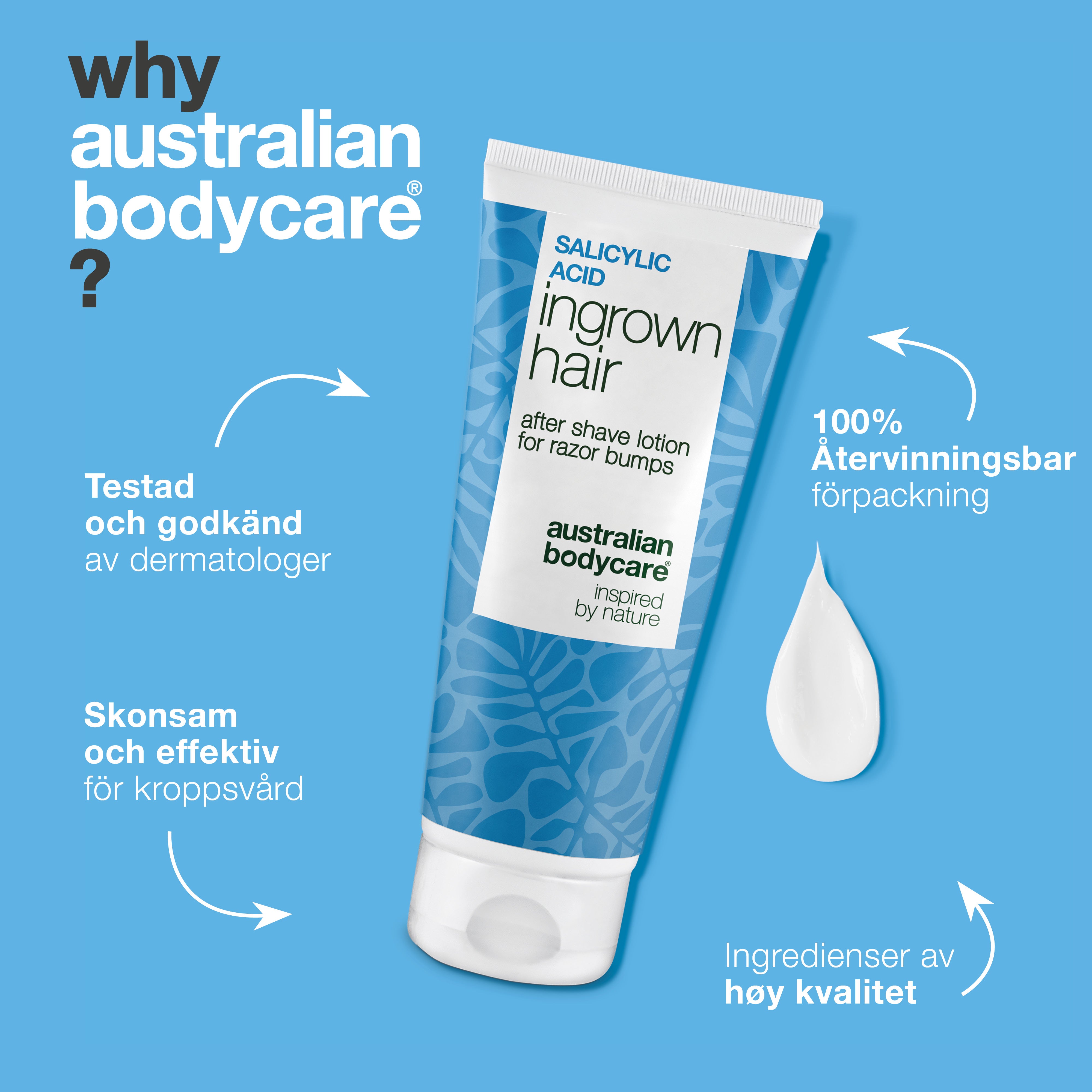 Australian Bodycare Salicylsyra After Shave Lotion i återvinningsbar förpackning. Dermatologiskt testad, skonsam och effektiv kroppsvård med ingredienser av hög kvalitet.