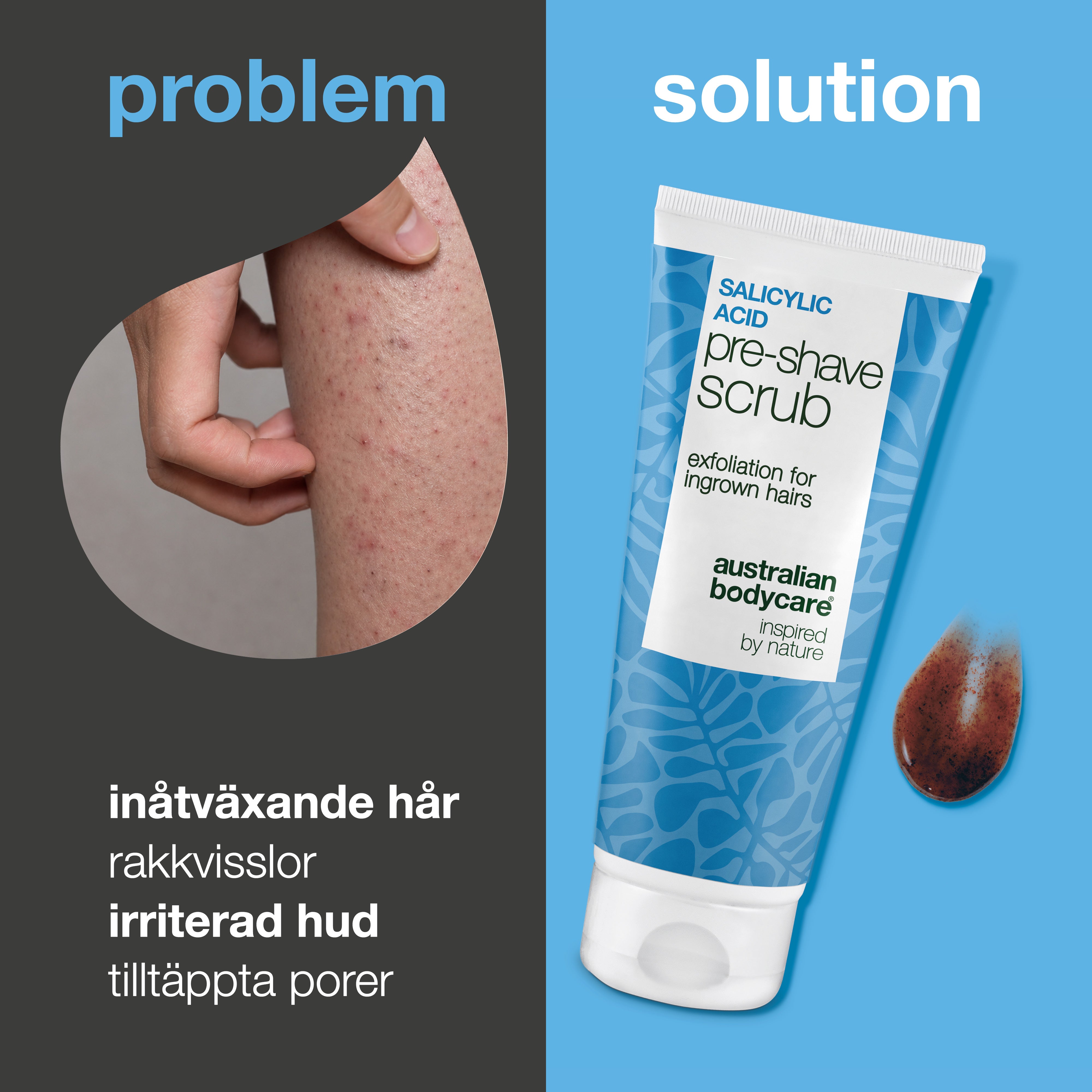 Salicylsyra Pre-shave Scrub mot inåtväxande hår & prickar — Salicylsyra Pre-shave Scrub mot inåtväxande hår och röda prickar. Ger en slät rakning utan klåda. Med aktiv salicylsyra och AHA.