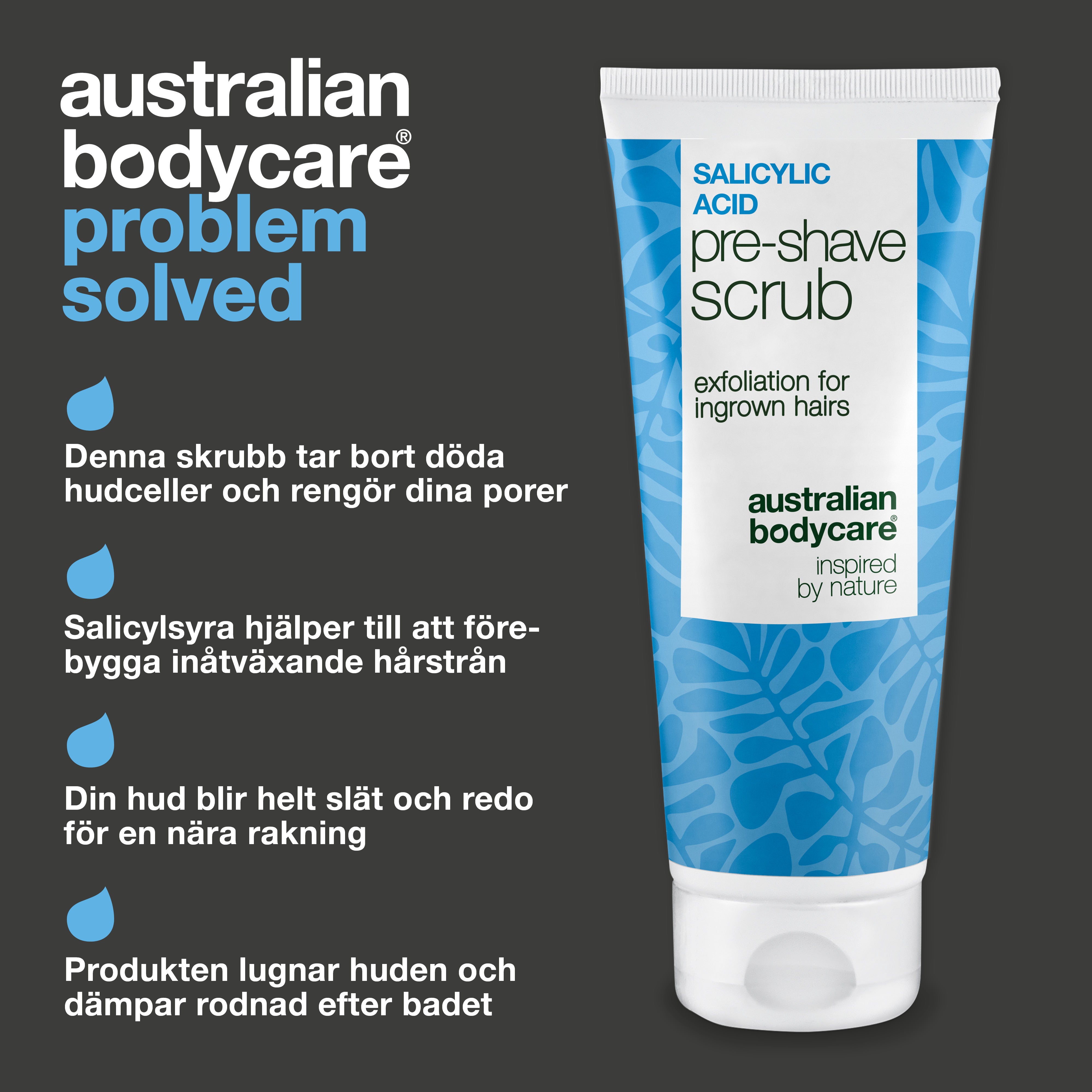 Salicylsyra Pre-shave Scrub mot inåtväxande hår & prickar — Salicylsyra Pre-shave Scrub mot inåtväxande hår och röda prickar. Ger en slät rakning utan klåda. Med aktiv salicylsyra och AHA.