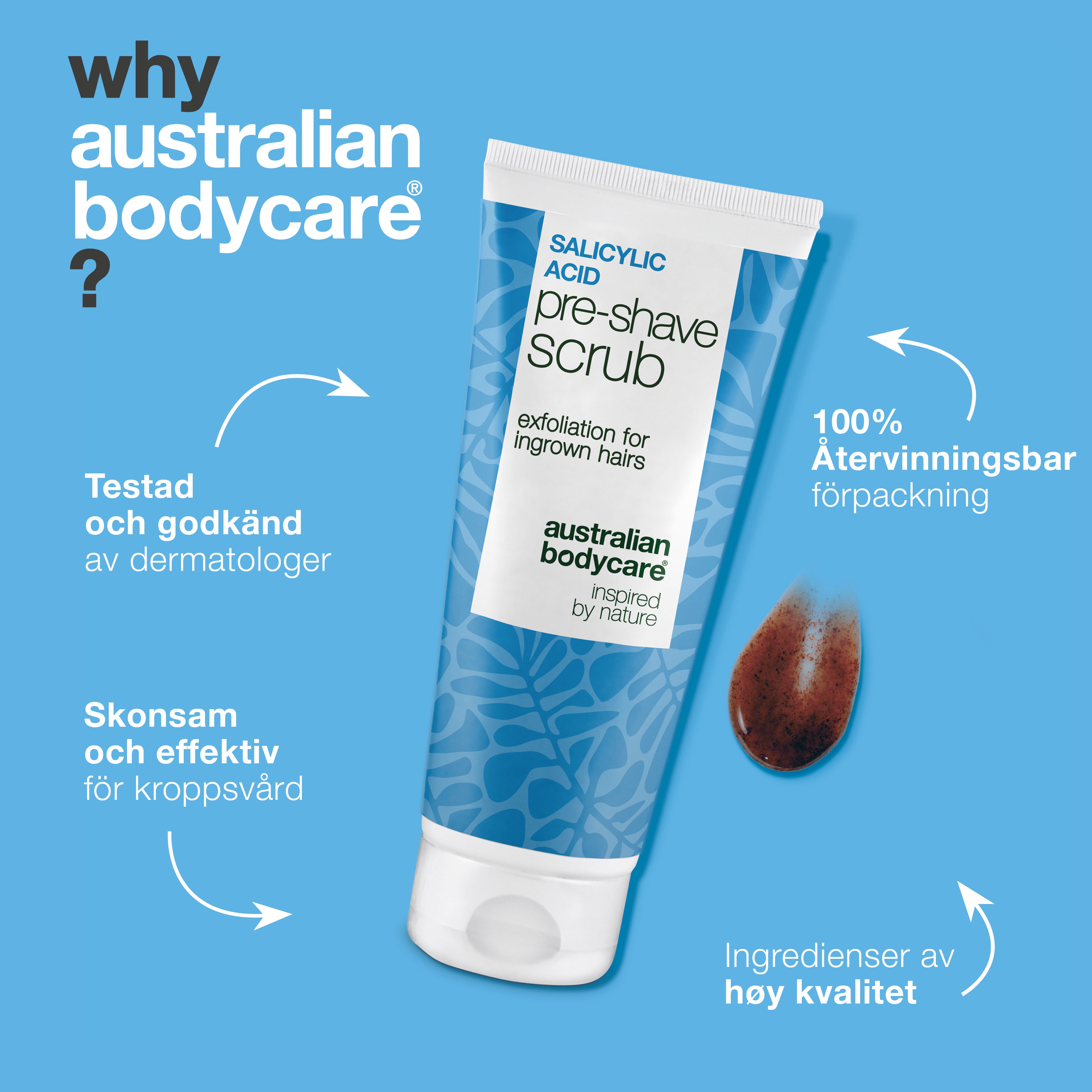 Salicylsyra Pre-shave Scrub mot inåtväxande hår & prickar — Salicylsyra Pre-shave Scrub mot inåtväxande hår och röda prickar. Ger en slät rakning utan klåda. Med aktiv salicylsyra och AHA.