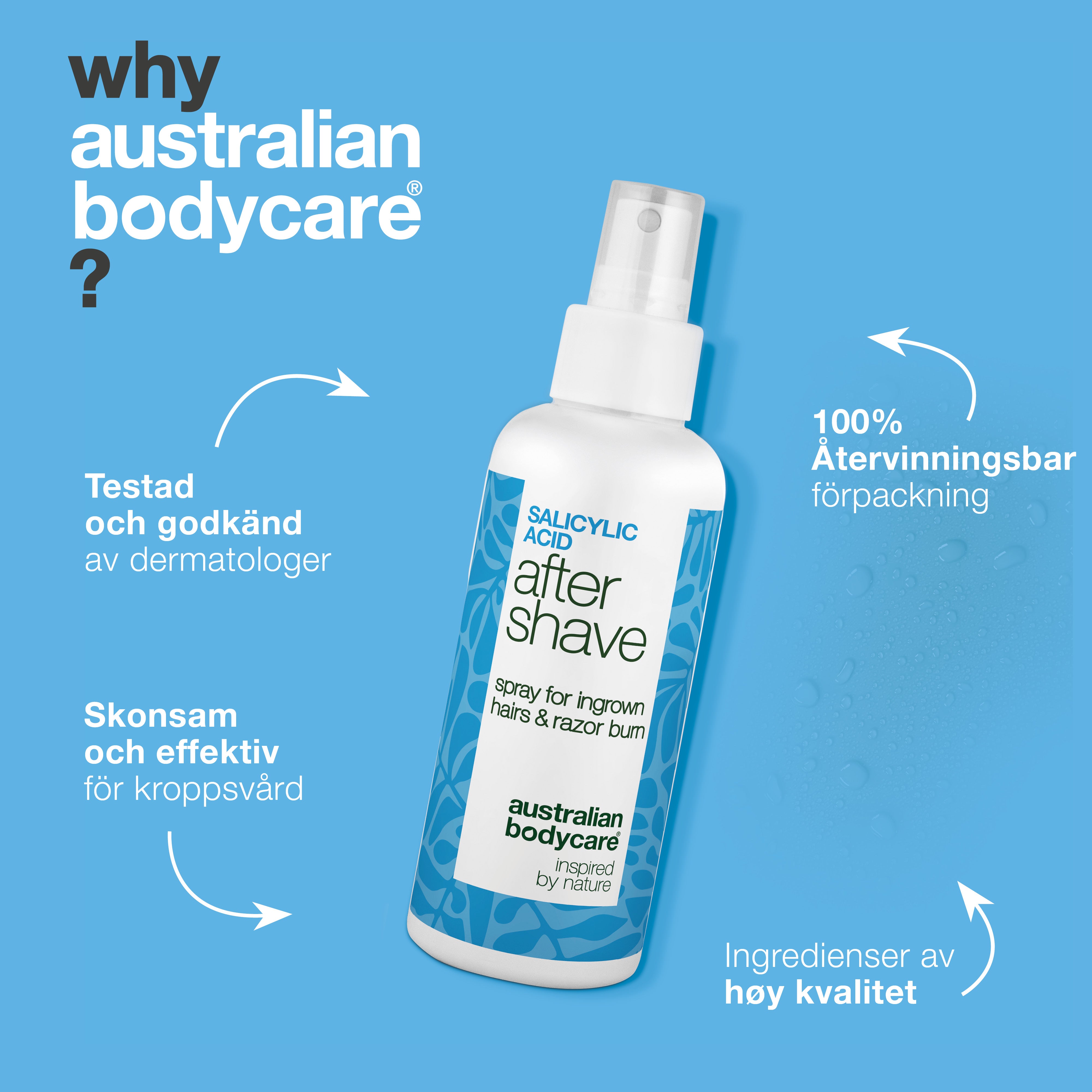 Salicylsyra After Shave Spray mot röda prickar — After Shave Spray mot inåtväxta hår och röda prickar. Lugnar klåda med salicylsyra och Aloe Vera för ett slätt resultat. Prova den nu!