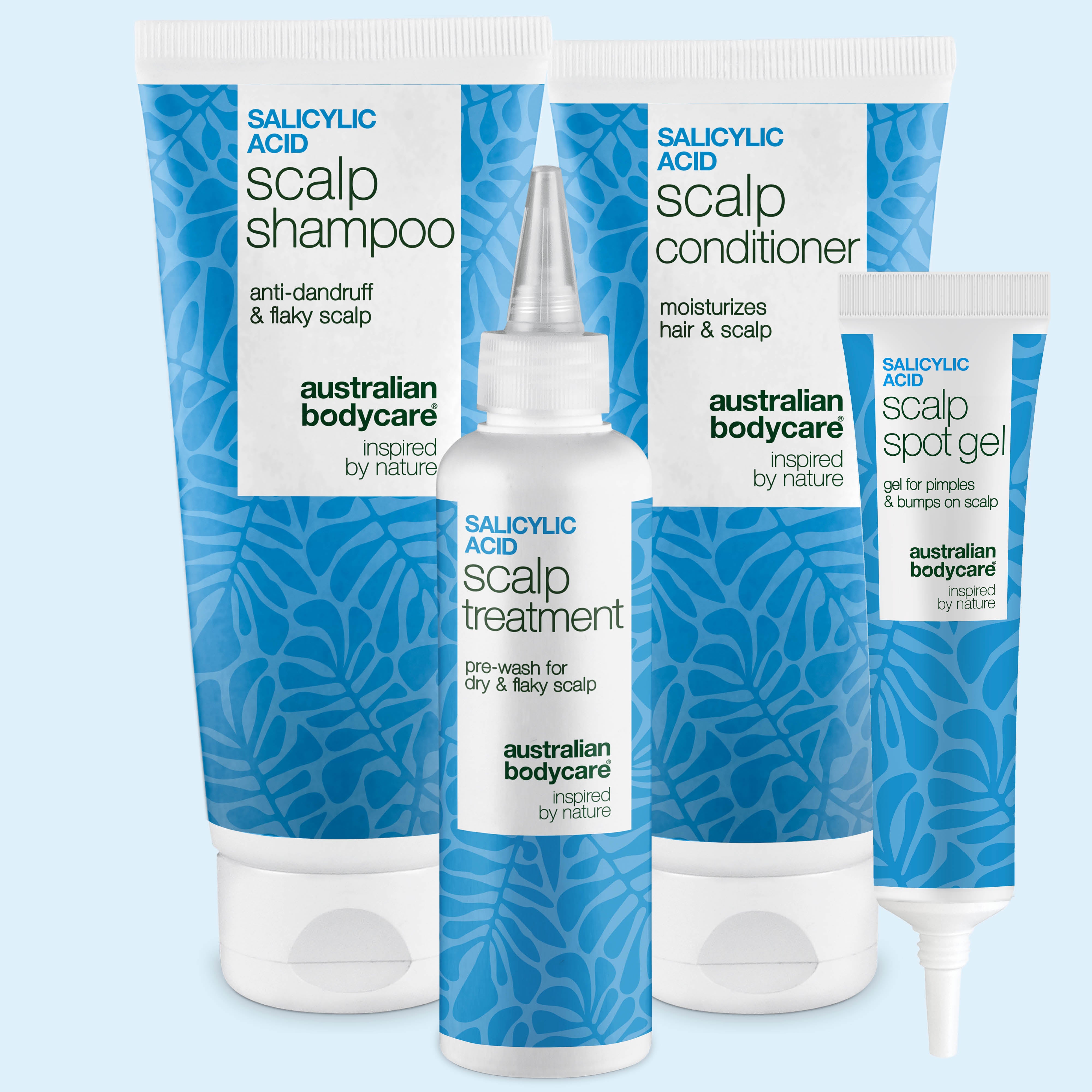 Salicylsyra Hårbottenset med scalp shampoo, balsam, hårbottenkur och spot gel från Australian Bodycare