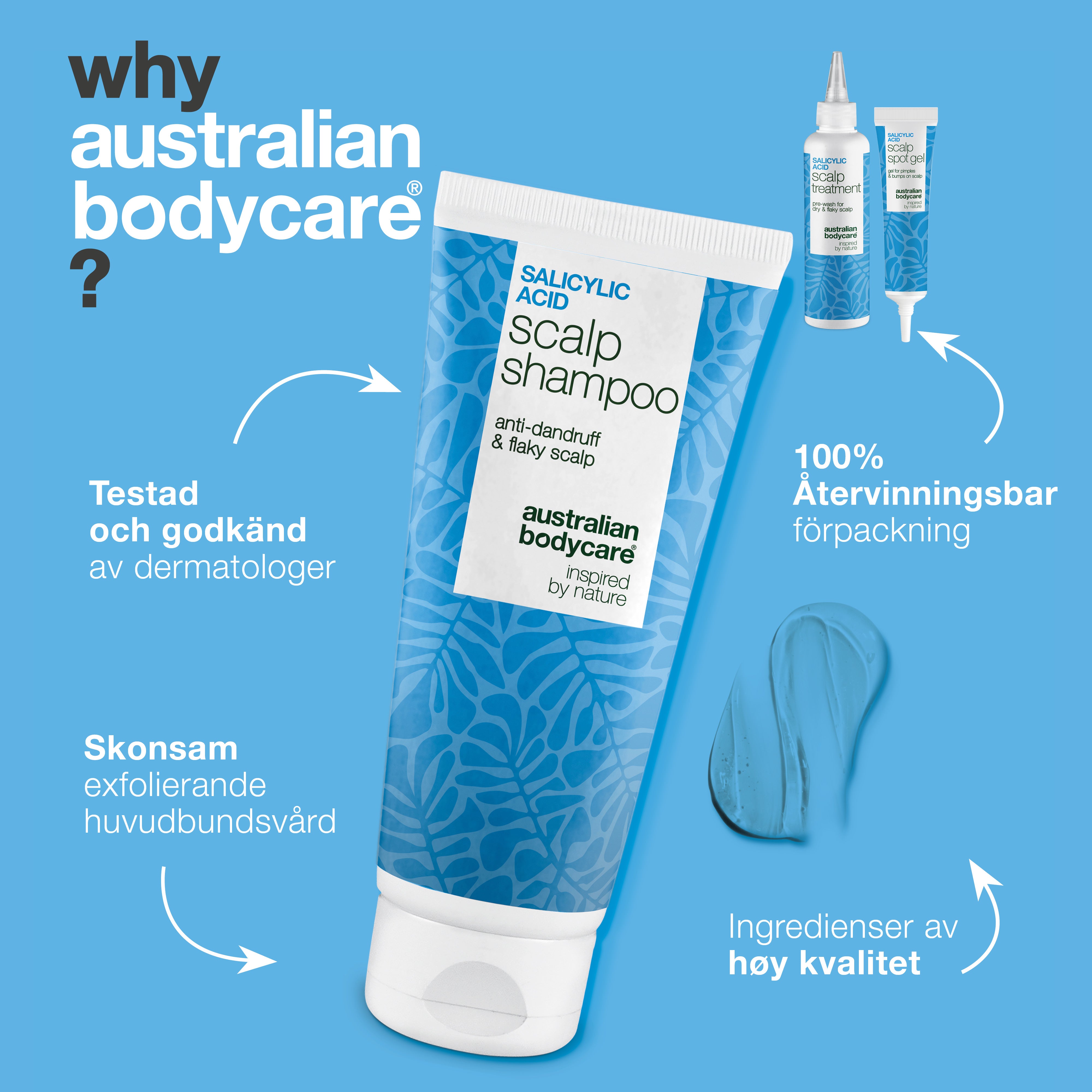 Därför Australian Bodycare: testat och godkänt av dermatologer, skonsam exfolierande hårbottenvård och återvinningsbar förpackning