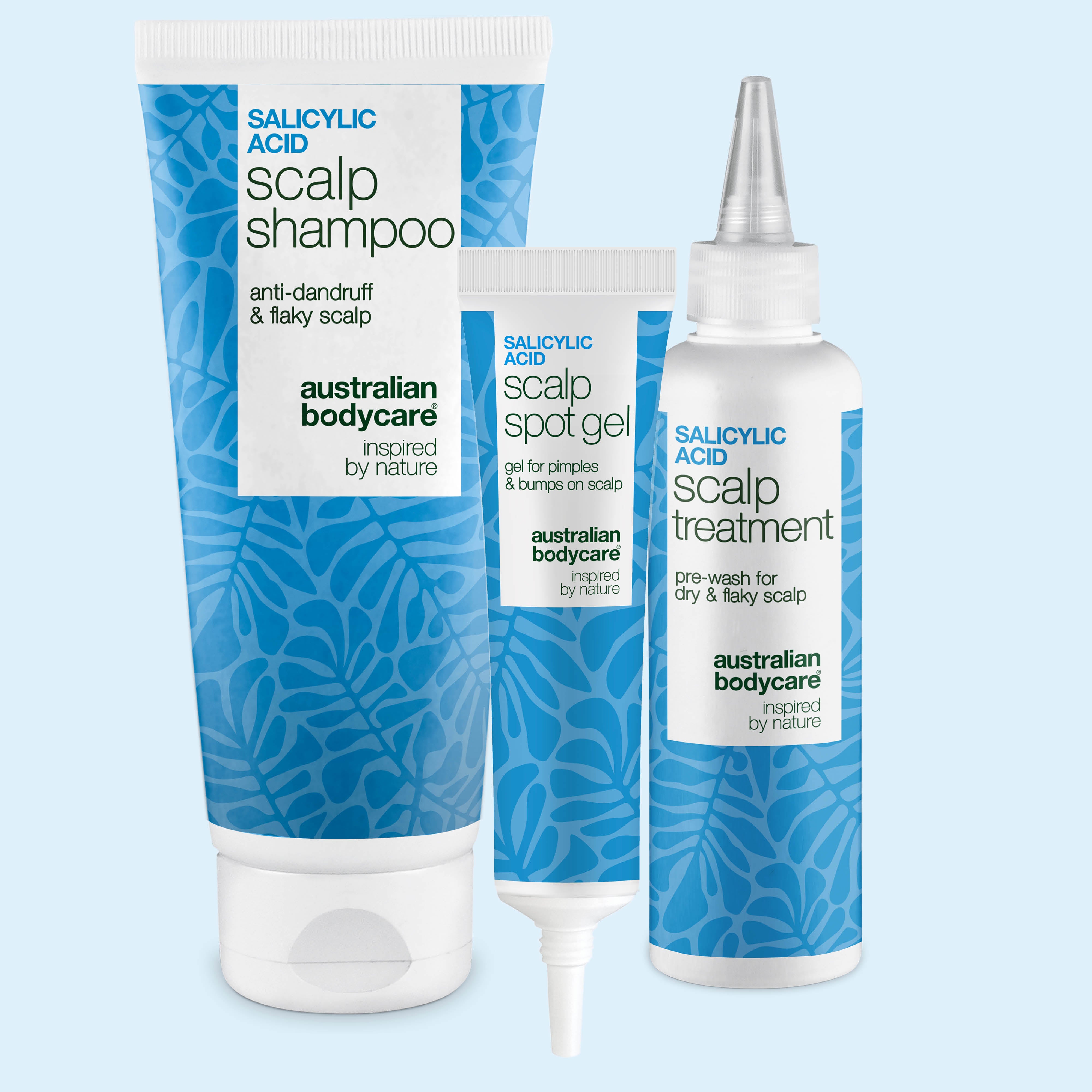 Salicylsyra set mot fet hårbotten med scalp shampoo, hårbottenkur och spot gel från Australian Bodycare