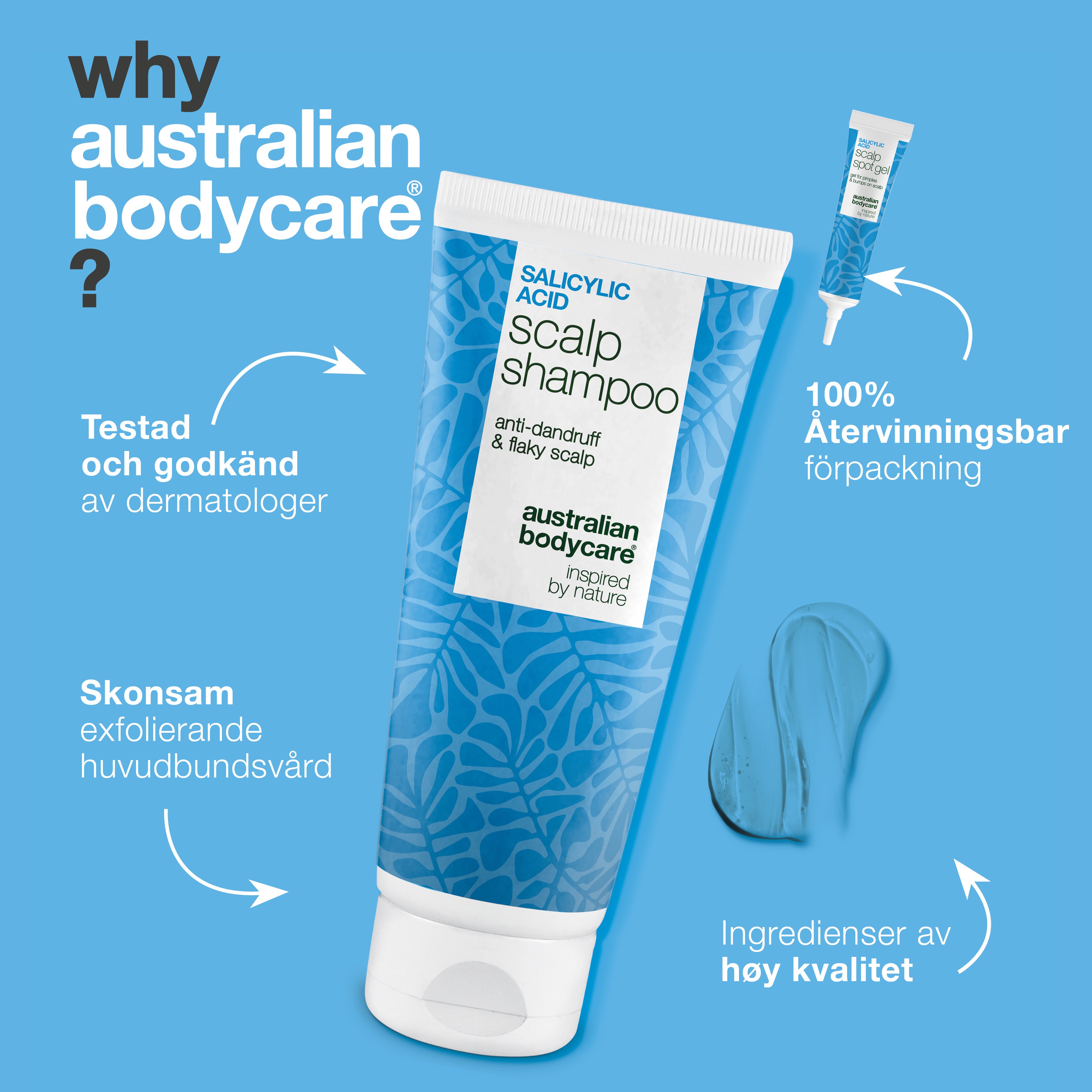 Därför Australian Bodycare: testat och godkänt av dermatologer, skonsam exfolierande hårbottenvård och återvinningsbar förpackning