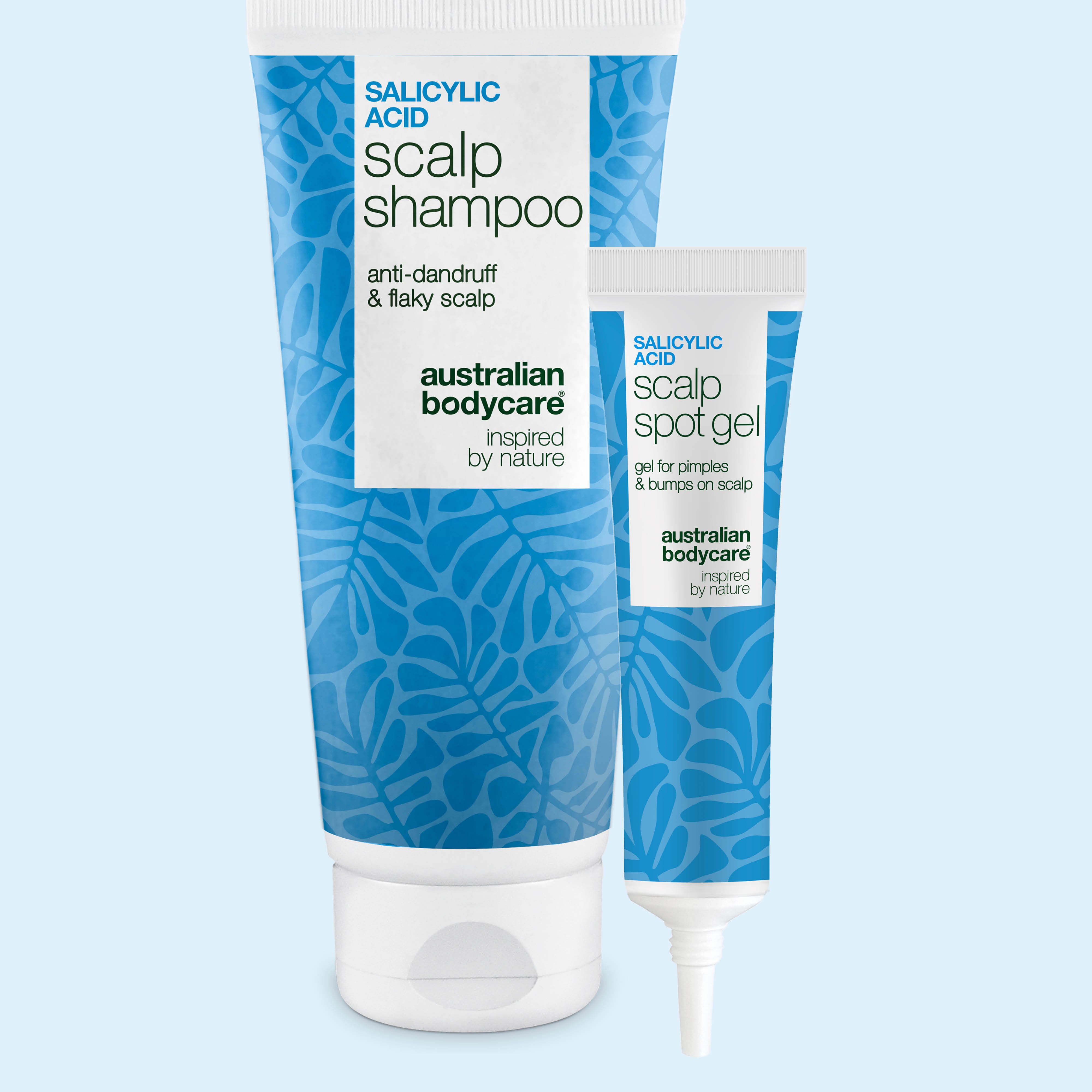 Set mot finnar i hårbotten med Salicylsyra scalp shampoo och spot gel från Australian Bodycare