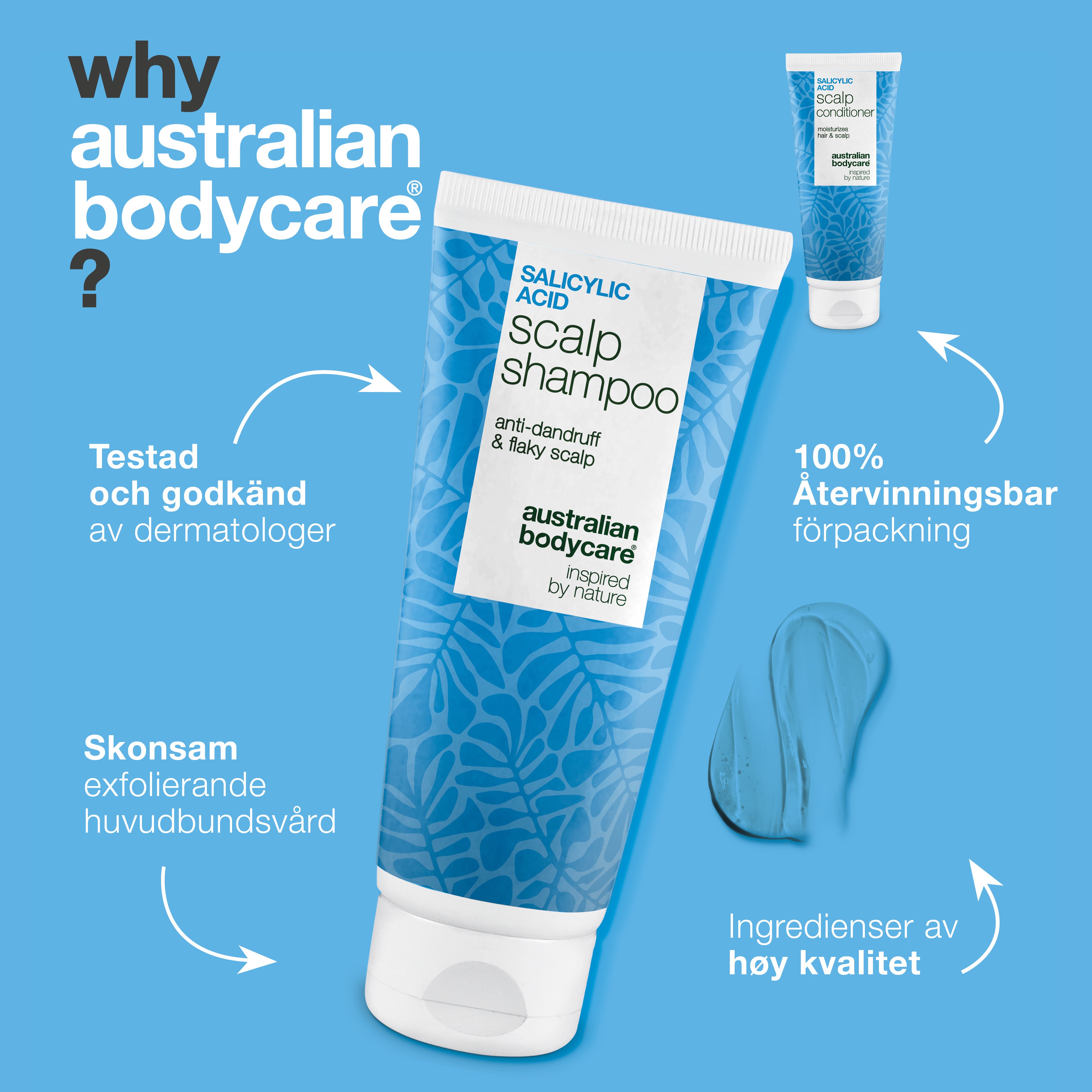 Därför Australian Bodycare: testat och godkänt av dermatologer, skonsam exfolierande hårbottenvård och återvinningsbar förpackning
