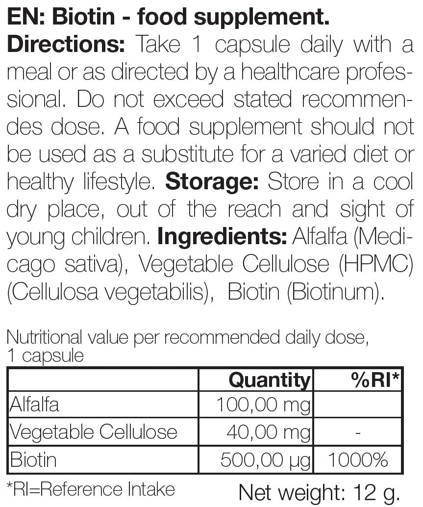 Biotin 500 µg med vitamin B7 – stödjer normal funktion hos hud, hår och nerver. Kosttillskott med 90 tabletter för dagligt bruk.