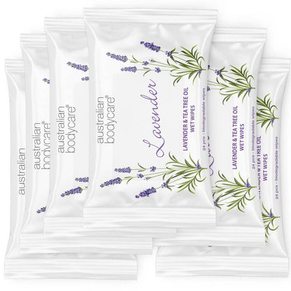 Våtservetter för händer och kroppstvätt med lavendel & tea tree oil 24 st. - För rengöring och fuktvård av ansikte och kropp