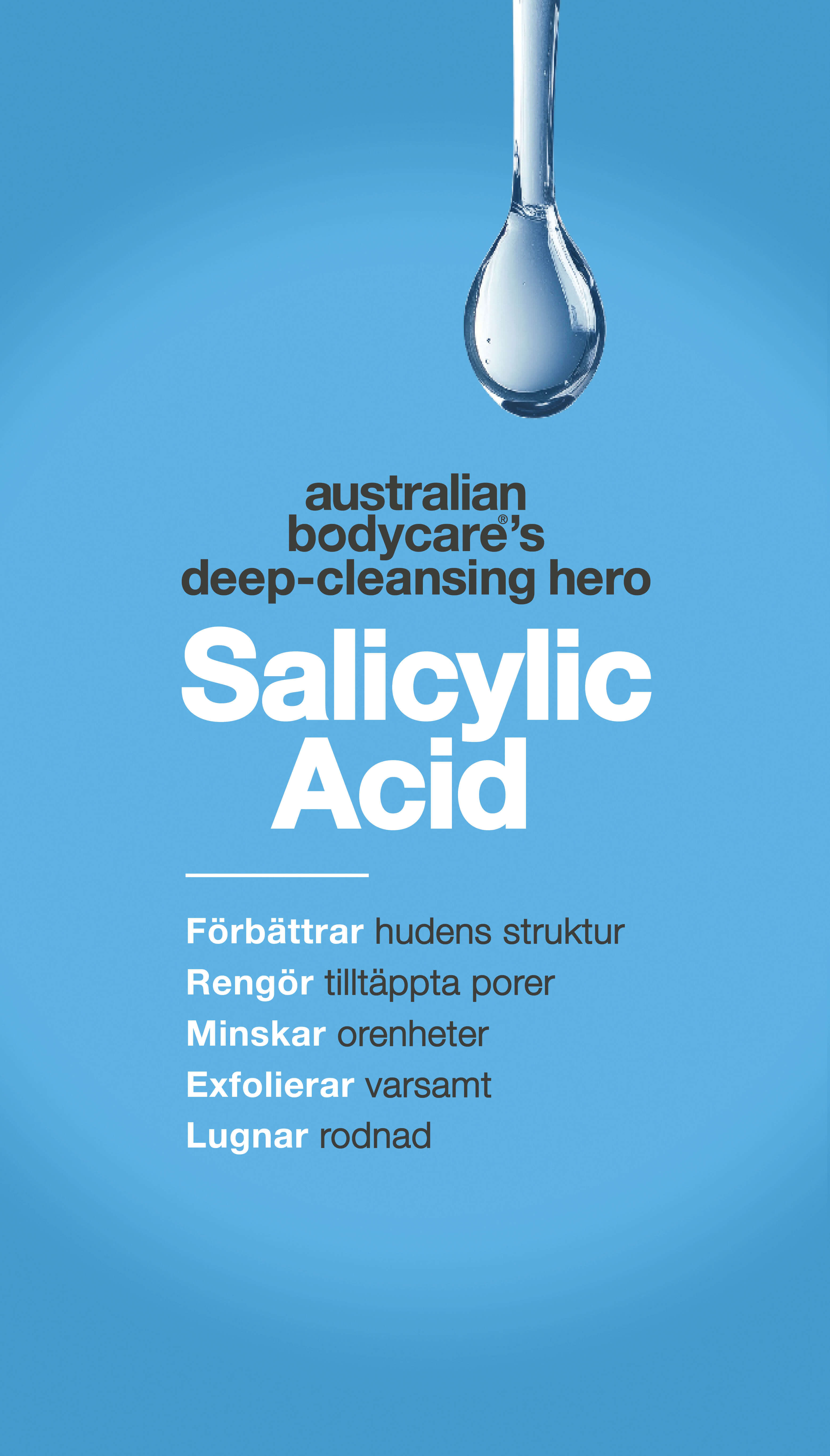 En reklambild för Australian Bodycare med en vätskedroppe upptill och text på blå bakgrund. Den framhäver salicylsyra som en 'djuprengörande hjälte' som öppnar porer, minskar utbrott, exfolierar skonsamt, lugnar rodnad och förbättrar hudstrukturen.