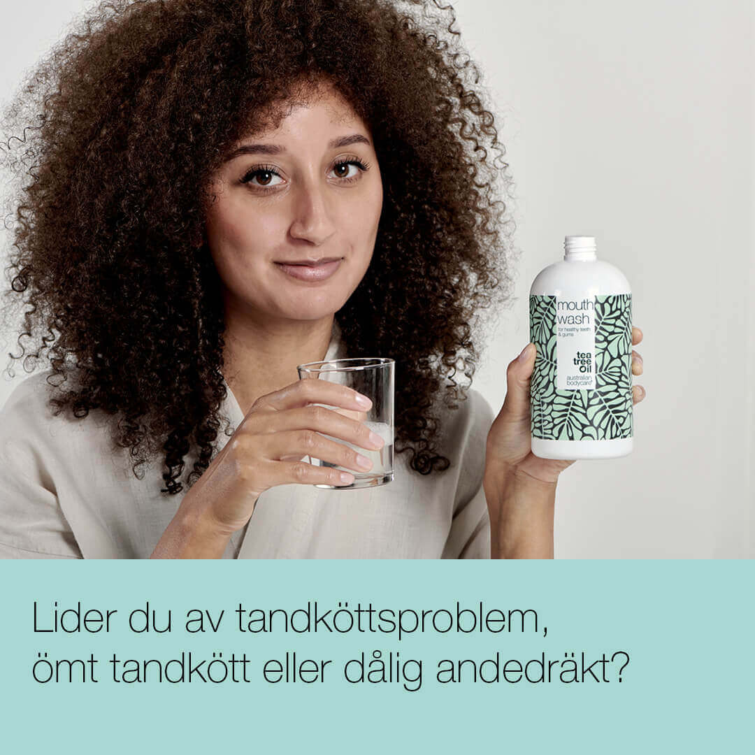 Munskölj mot dålig andedräkt — Munskölj med rengörande Tea Tree Oil för en sund munhygien