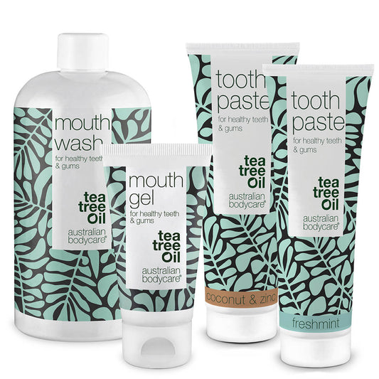 4 produkter för tänder och tandkött - Munprodukter med Tea Tree Oil för problem med tunga, tänder och tandkött