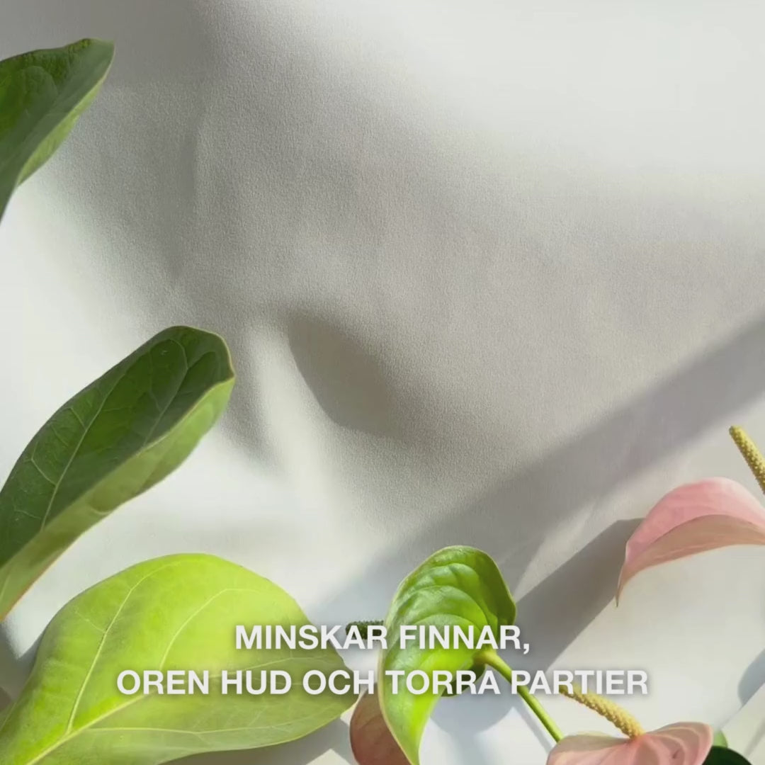 Närbild av en hand som doserar en liten mängd lätt, krämig Body Lotion med salicylsyra i handflatan och masserar in den i hård, oren hy: dess släta, snabbt absorberande textur exfolierar milt döda hudceller, återfuktar med hyaluronsyra och mjölksyra samt förbättrar hudstruktur med salicylsyra och niacinamid.