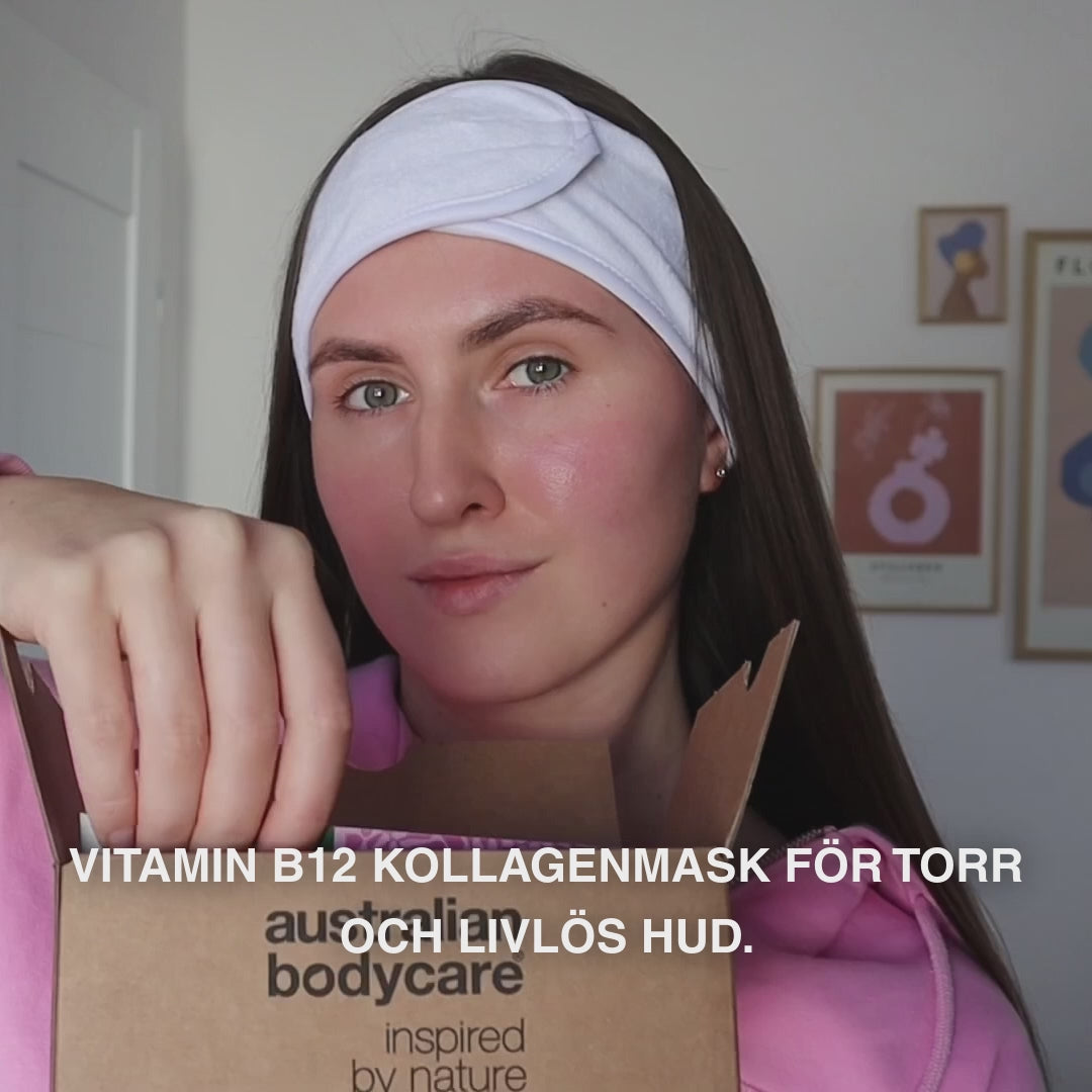 B12 Kollagenmask för torr och trött hud med ojämn struktur — B12 Kollagenmask för torr, trött hud. Innehåller B12, niacinamid, peptider, kollagen och hyaluronsyra för återfuktning och fasthet.