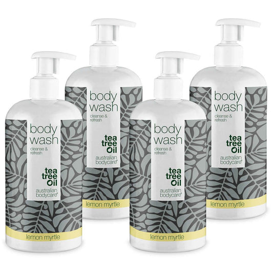 4 för 3 tea tree Body Wash 500 ml med lemon myrtle — paketerbjudande - Paketerbjudande med fyra Body Wash (500 ml): Tea tree oil lemon myrtle